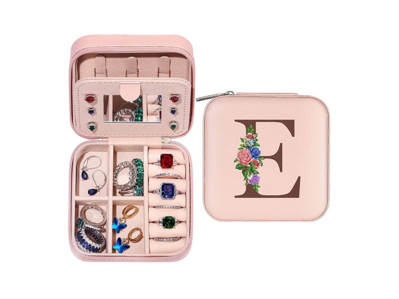 E Initial Letter Travel Jewelry Box Jewelry Case Jewelry Organiser with Mirror Carousel 1