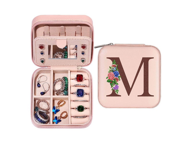 M Initial Letter Travel Jewelry Box Jewelry Case Jewelry Organiser with Mirror Carousel 1