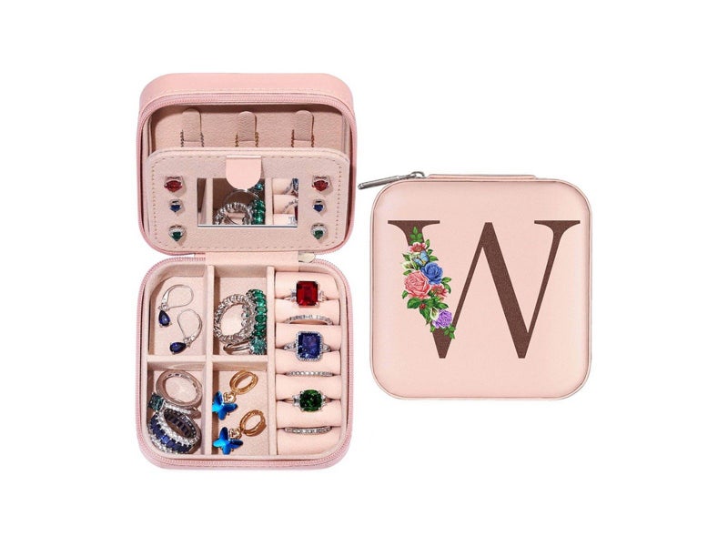 W Initial Letter Travel Jewelry Box Jewelry Case Jewelry Organiser with Mirror Carousel 1