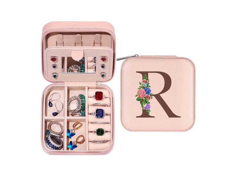 R Initial Letter Travel Jewelry Box Jewelry Case Jewelry Organiser with Mirror Carousel 1