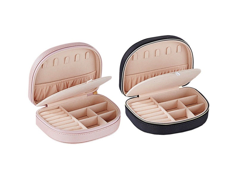 2Pcs Double Layer Jewelry Box PU Leather Jewelry Storage Case - Black + Pink Carousel 1