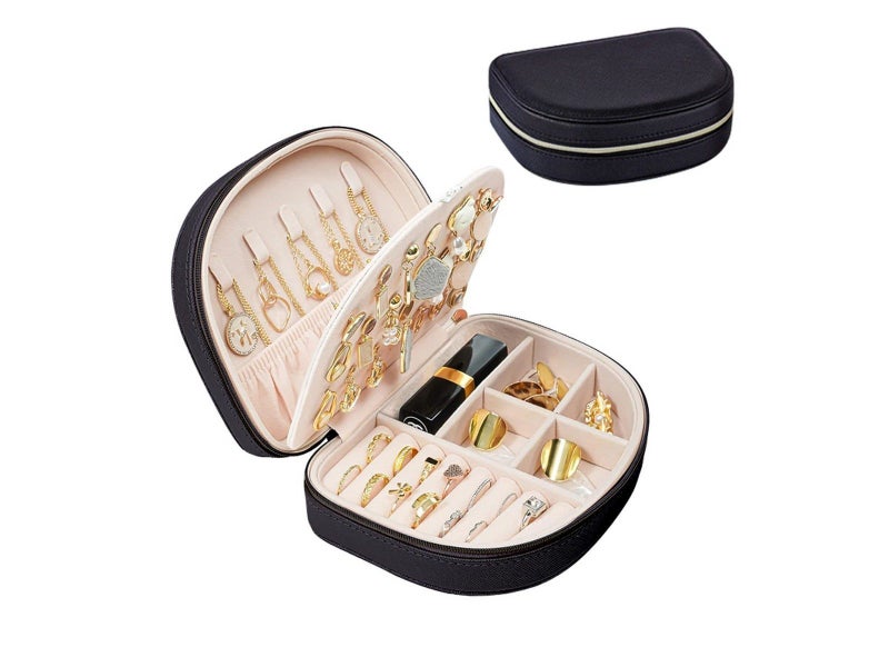 Portable Double Layer Jewelry Box PU Leather Jewelry Storage Case - Black Carousel 1
