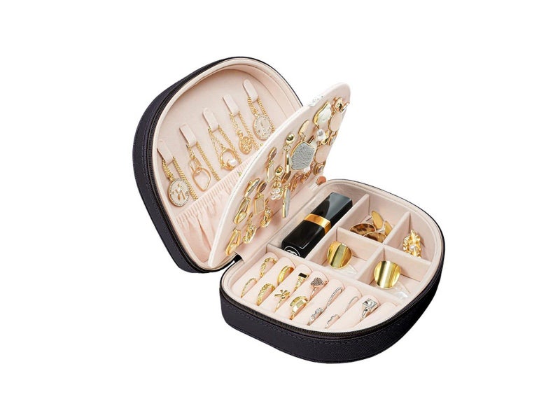 Portable Double Layer Jewelry Box PU Leather Jewelry Storage Case - Black Carousel 3