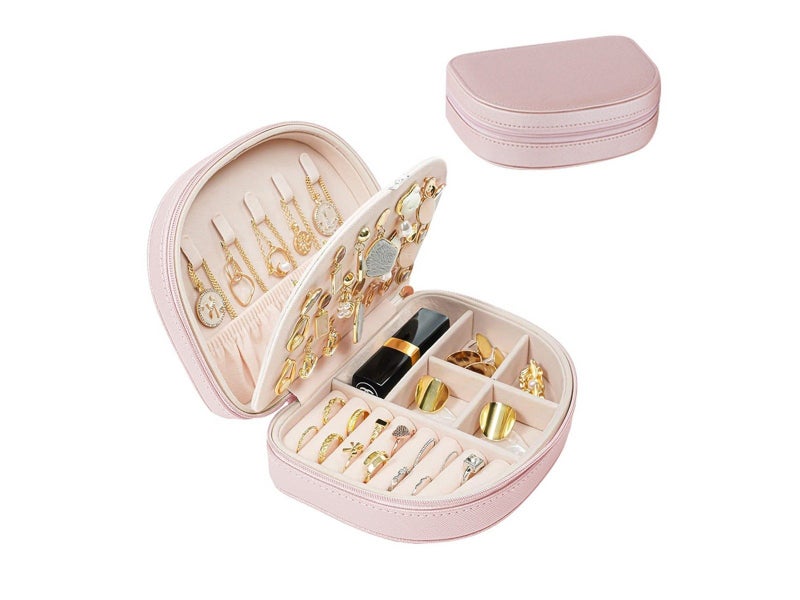 Portable Double Layer Jewelry Box PU Leather Jewelry Storage Case - Pink Carousel 1