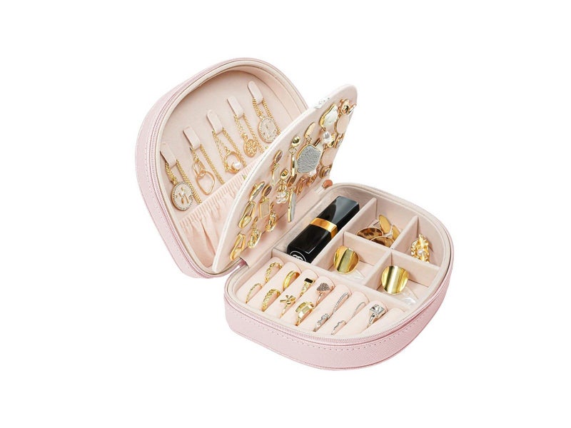 Portable Double Layer Jewelry Box PU Leather Jewelry Storage Case - Pink Carousel 3