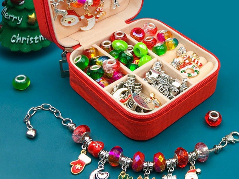 66Pcs DIY Bracelet Necklace Making Kit Christmas Charms with Jewelry Box-Silver Carousel 3