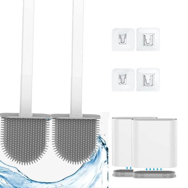 Silicone Toilet Brush-Soft Flat with Holders Wall Mounted and Standing (2 White) Carousel 1