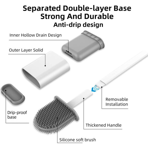 Silicone Toilet Brush-Soft Flat with Holders Wall Mounted and Standing (2 White) Carousel 2