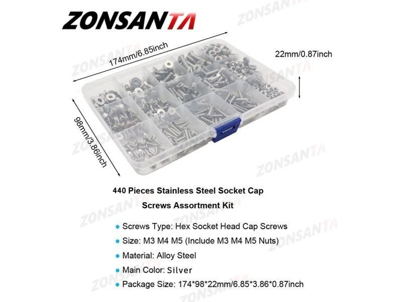 440pcs Hex Socket Flat Head Screws Bolts Nuts Set M3-M5 304 Stainless Steel Carousel 1