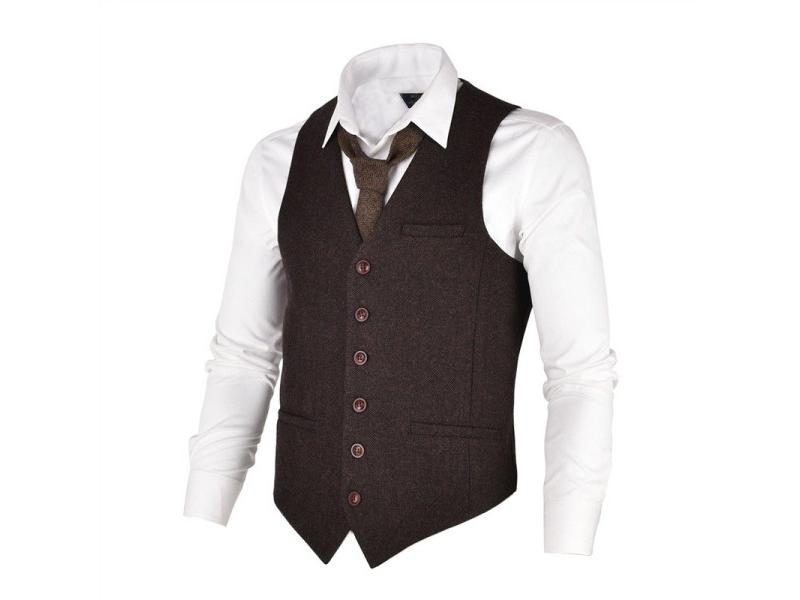 VOBOOM Men Waistcoat Coffee Suit Vest Male Herringbone Wool Blend Tweed Carousel 1