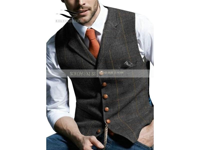 Mens Waistcoat Vest Casual Plaid Wool V Neck Peaked Lapel Slim Fit For Wedding Carousel 2
