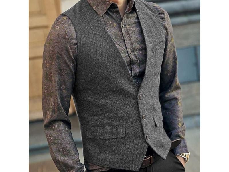 Grey Men's Vest Suit Boutique Wool Tweed Slim Fit Leisure Cotton Male Gentleman Carousel 1