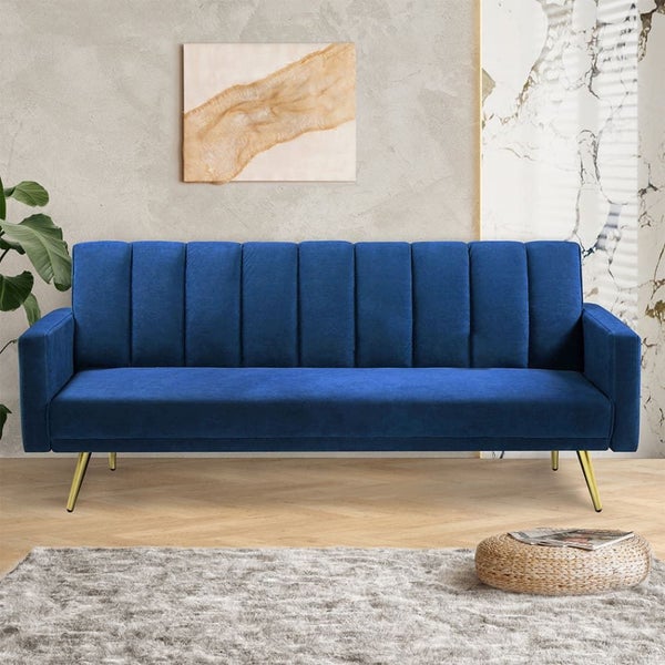 Sofa Bed Convertible Velvet Lounge Recliner Couch Sleeper 3 Seater Blue Carousel 8