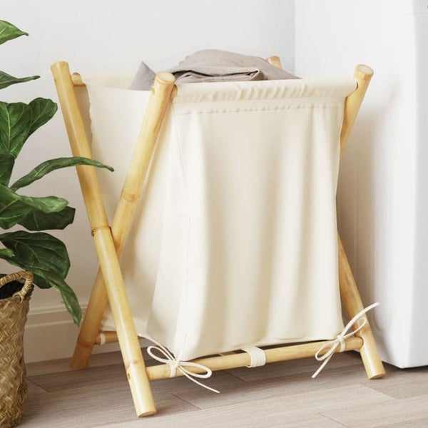 Laundry Basket Cream White 45x55x63.5 Cm Bamboo Tlnbtp Carousel 1