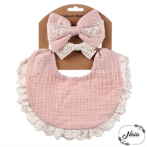 Baby Bib and headband set (pink) Carousel 1