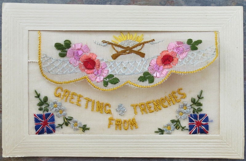 World War One Embroidered Silk Postcard: "Greetings From Trenches" Carousel 4