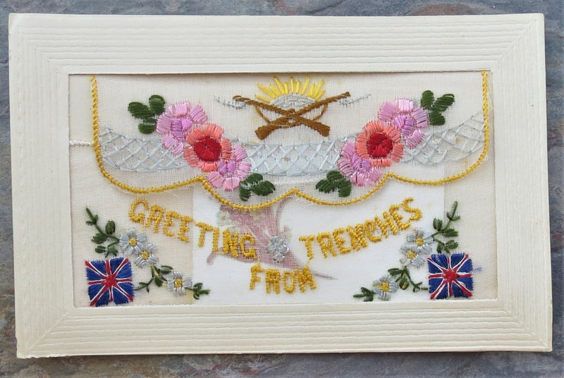 World War One Embroidered Silk Postcard: "Greetings From Trenches" Carousel 1
