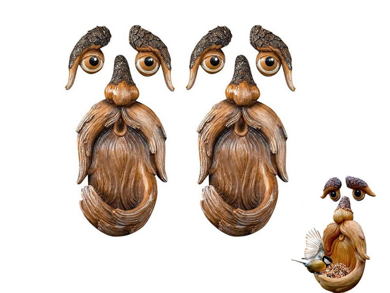 2Pcs Resin Bird Feeder Old Man Face Sculpture Tree Statue Outdoor Decoration Carousel 1