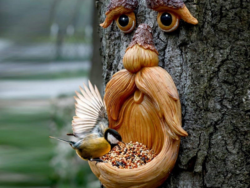 2Pcs Resin Bird Feeder Old Man Face Sculpture Tree Statue Outdoor Decoration Carousel 3