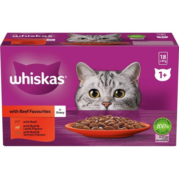 Whiskas Wet Cat Food Beef Favourites In Gravy Pouch 18x85g Carousel 1