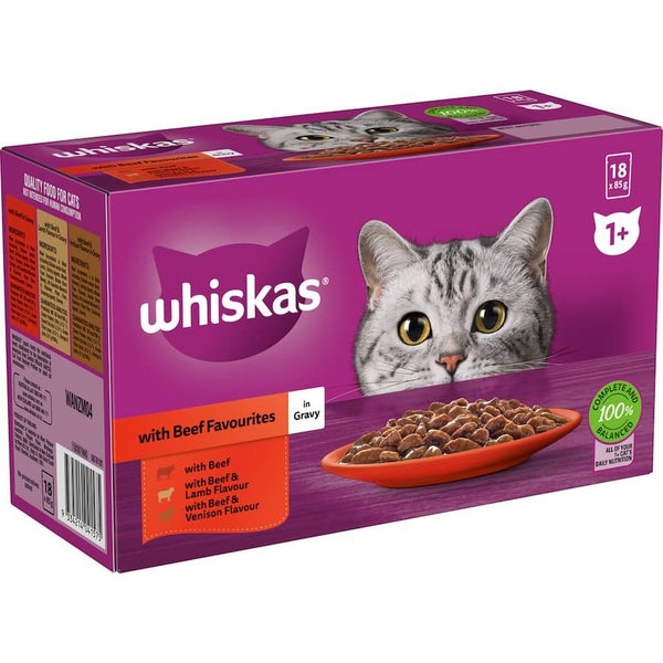 Whiskas Wet Cat Food Beef Favourites In Gravy Pouch 18x85g Carousel 2