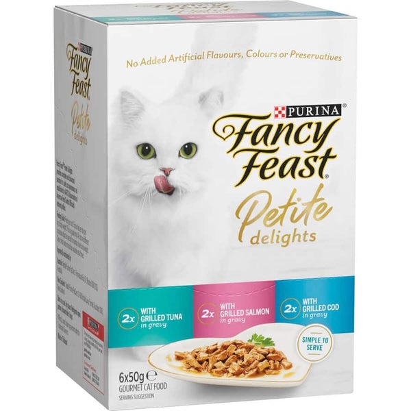 Fancy Feast Petite Delights Wet Cat Food Tuna, Salmon & Cod Pouch 6x50g Carousel 1