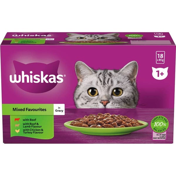 Whiskas Wet Cat Food Mixed Favourites In Gravy Pouch 18x85g Carousel 1