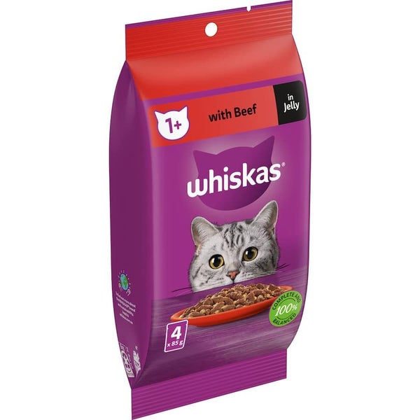 Whiskas Wet Cat Food Beef In Jelly Pouch 4x85g Carousel 1