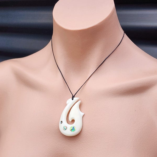 Natural Hand Carved Maori Bone Carving Pendant Necklace - Hook With Paua Inlay Carousel 5