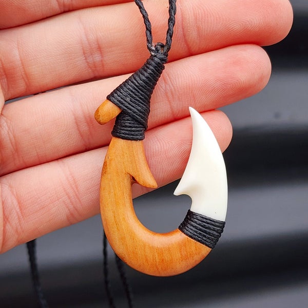 Natural Hand Carved Maori Bone Carving Pendant Necklace - Hook Wood & Bone Carousel 1