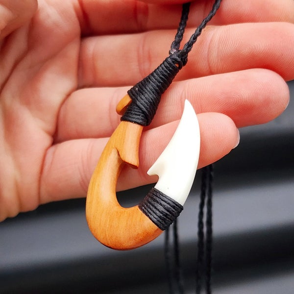Natural Hand Carved Maori Bone Carving Pendant Necklace - Hook Wood & Bone Carousel 2