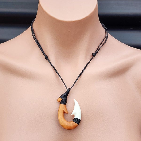 Natural Hand Carved Maori Bone Carving Pendant Necklace - Hook Wood & Bone Carousel 7