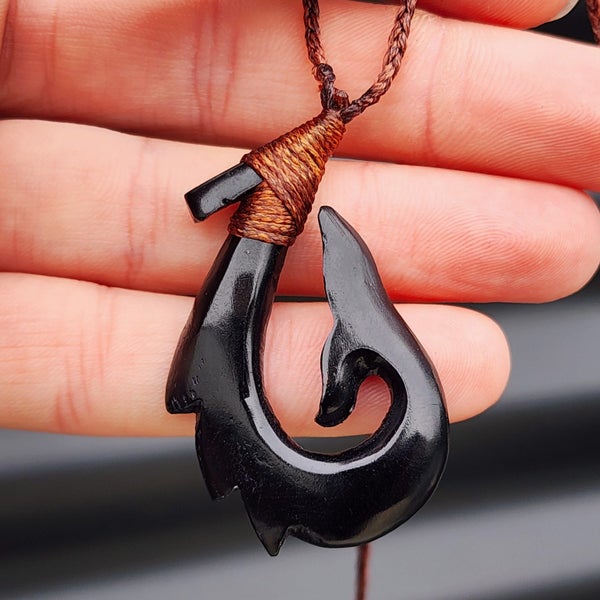 Black Stained Hand Carved Maori Bone Carving Pendant Necklace - Whale Tail Hook Carousel 1