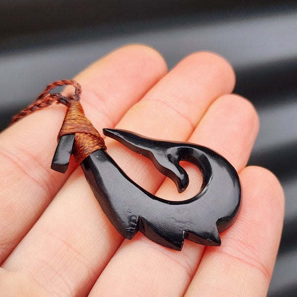 Black Stained Hand Carved Maori Bone Carving Pendant Necklace - Whale Tail Hook Carousel 2