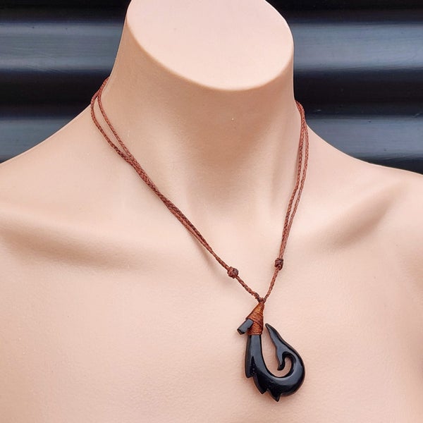Black Stained Hand Carved Maori Bone Carving Pendant Necklace - Whale Tail Hook Carousel 5