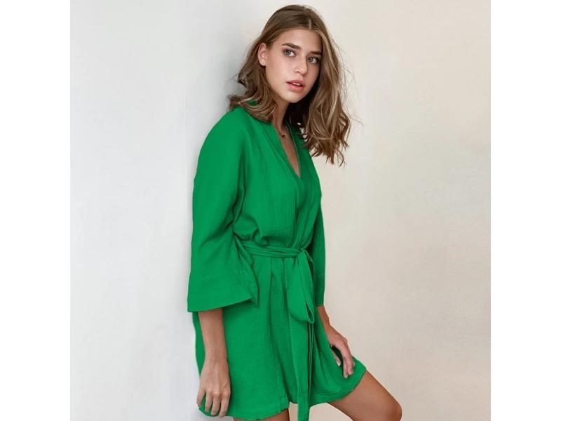 Solid Cotton Bathrobe For Women - Three Quarter Sleeves Sexy Mini Dress Carousel 1