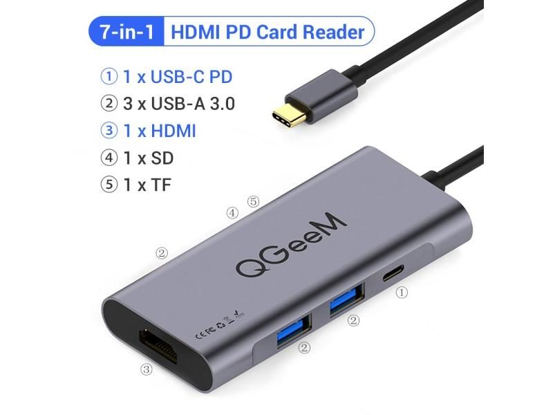 QGeeM USB C HUB HDMI Type-C HUB To Hdmi USB 3.0 Thunderbolt 3 Card Reader For Carousel 1