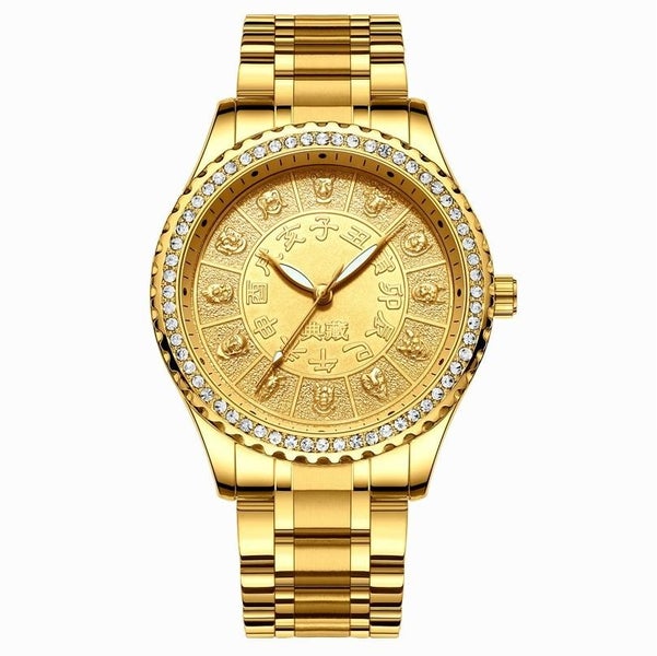 S777 Men Gold-Plated Diamond Zodiac Pattern Quartz Watch Steel Belt Carousel 1