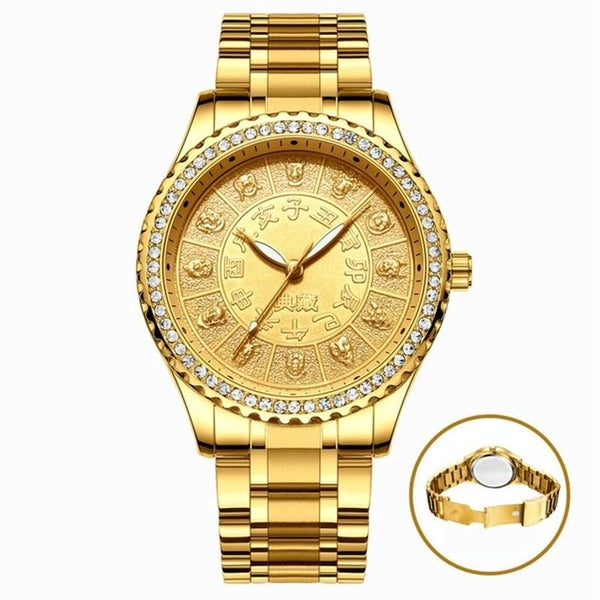 S777 Men Gold-Plated Diamond Zodiac Pattern Quartz Watch Steel Belt Carousel 2