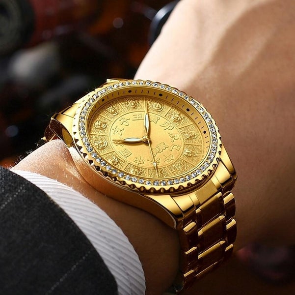 S777 Men Gold-Plated Diamond Zodiac Pattern Quartz Watch Steel Belt Carousel 11