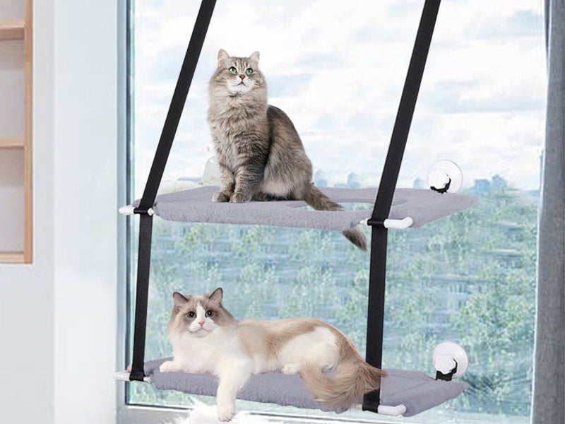 Double Layer Cat Hammock for Window Plush Cat Bed Warm Hanging Nest Grey Carousel 2