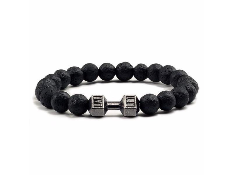High Quality Men Beaded Bracelet Natural Black Lava Stone Dumbbell Charm Carousel 1