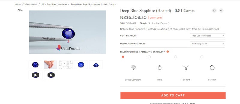 $1 RES * Buy Now $1,299.00 * 0.78ct AUSTRALIAN Heart Sapphire Loose Gemstone Carousel 18