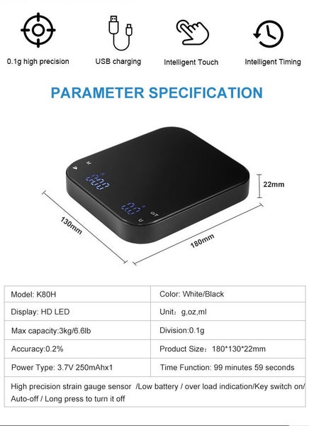3kg/0.1g Digital Coffee Scale LED Invisible Screen Coffee Electronic Scale Carousel 2