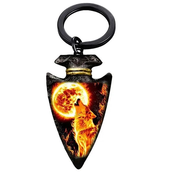 Fierce Fire Wolf King Roaring Inverted Triangle Shape Keychain - NEW