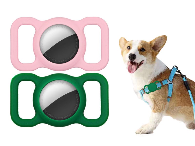 2 X Green Pink Silicone Protective Case for Apple Airtag Pet Collar Dog harness Carousel 1