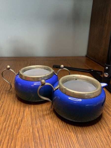 Vintage Art Deco Blue Enamel Sugar and Jug Set Carousel 1