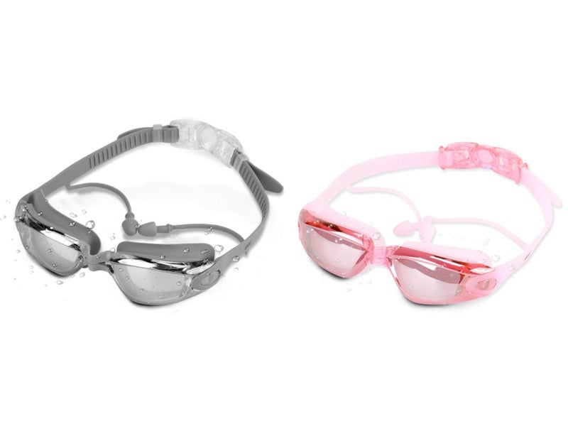 2 X Adult Anti Fog Swim Goggles With Ear Plugs Grey and Pink Carousel 1