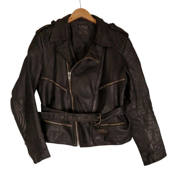 Vintage 1980s German Motorcycle Moto Dress Leather Jacket Large Carousel 1