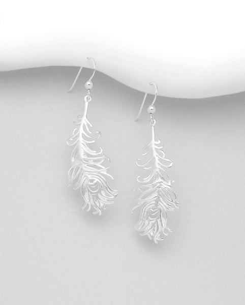 Lucky Peacock Feather Hook Earrings in Sterling Silver Carousel 1